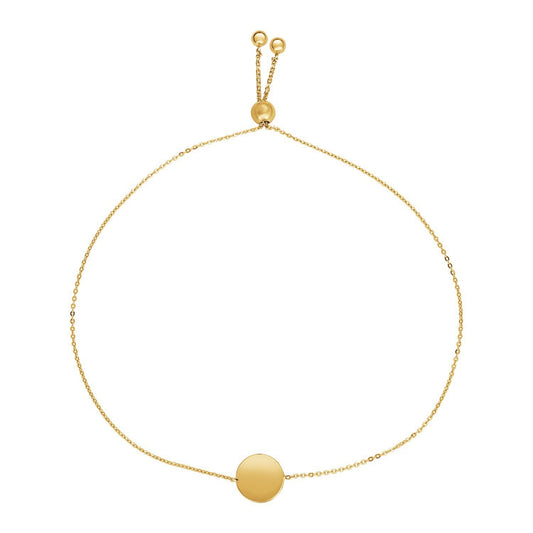 Size: 9.25'' - Adjustable Bracelet with Shiny Circle in 14k Yellow Gold