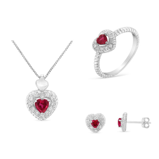 .925 Sterling Silver, ¾ Cttw Lab-Created Ruby, 1/4 Cttw Diamond Heart Ring, Earrings, and Pendant Necklace Set (I-J Color, I2-I3 Clarity)