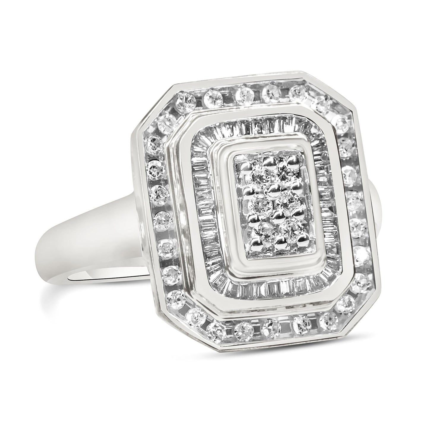 .925 Sterling Silver Round & Baguette Diamond Ring (1 Cttw, I-J Color, I2-I3 Clarity)