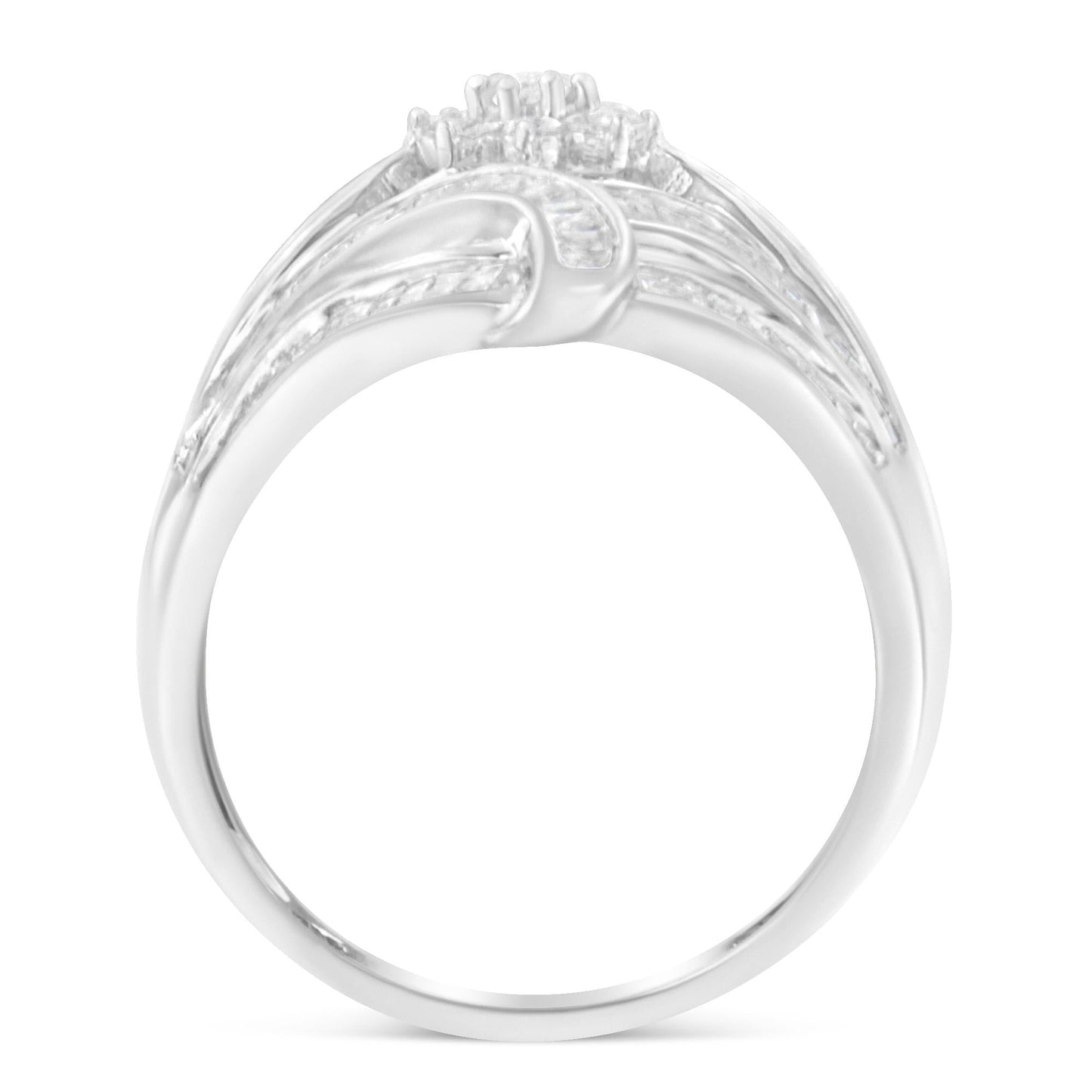 .925 Sterling Silver 1-1/8 Cttw Round & Baguette Diamond 'Flower & Fern' Cluster Cocktail Fashion Ring (I-J Color, I2-I3 Clarity)