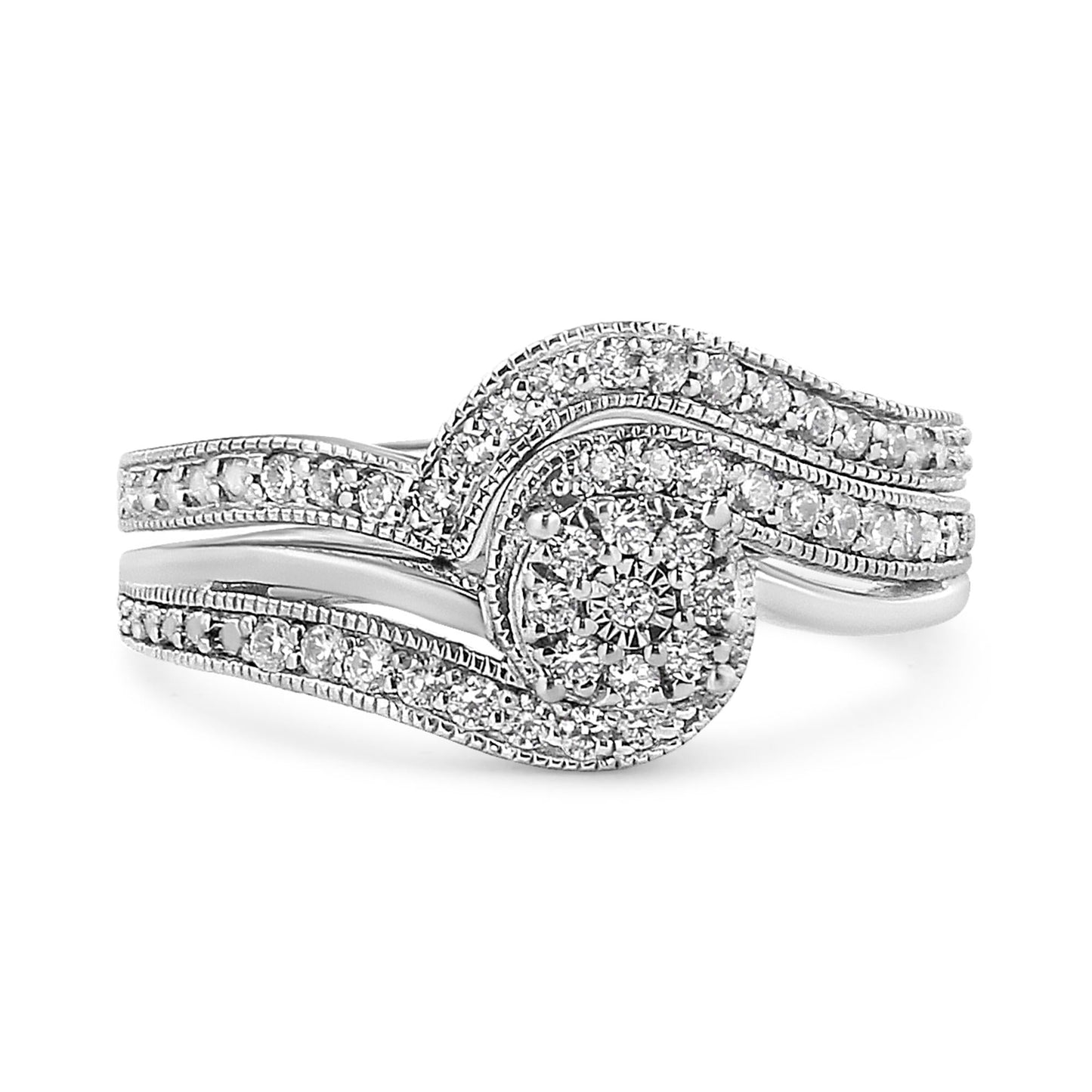 .925 Sterling Silver 1/3ct Cttw Multi-Diamond Bypass Vintage-Style Bridal Set Ring and Band (I-J Color, I3 Clarity)