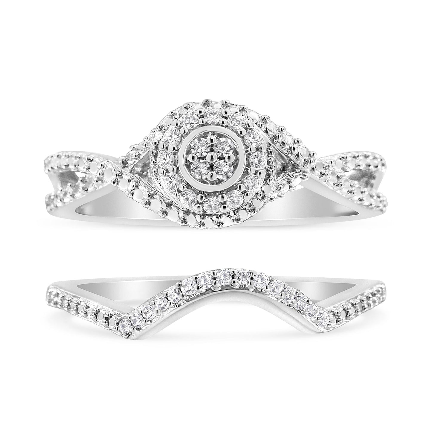 .925 Sterling Silver 1/6 Cttw Diamond Composite Halo and Split Shank Bridal Set Ring and Band  (I-J Color, I3 Clarity)