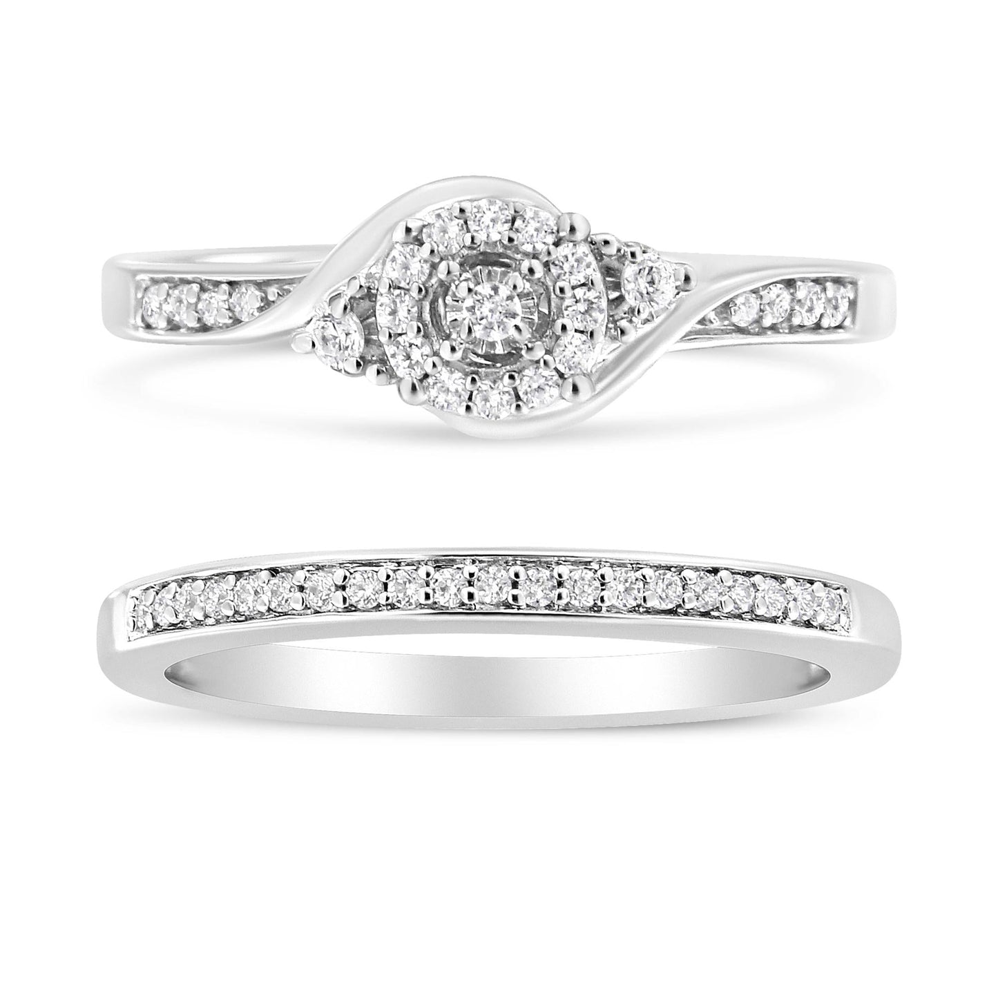 .925 Sterling Silver 1/4 Cttw Diamond Halo and Swirl Engagement Ring and Wedding Band Set (I-J Color, I3 Clarity)