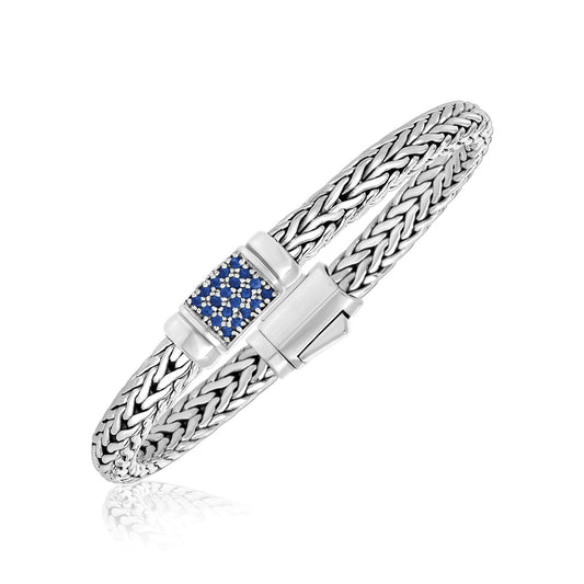 Size: 7.5'' - Sterling Silver Weave Motif Bracelet with Blue Sapphire Embellishments