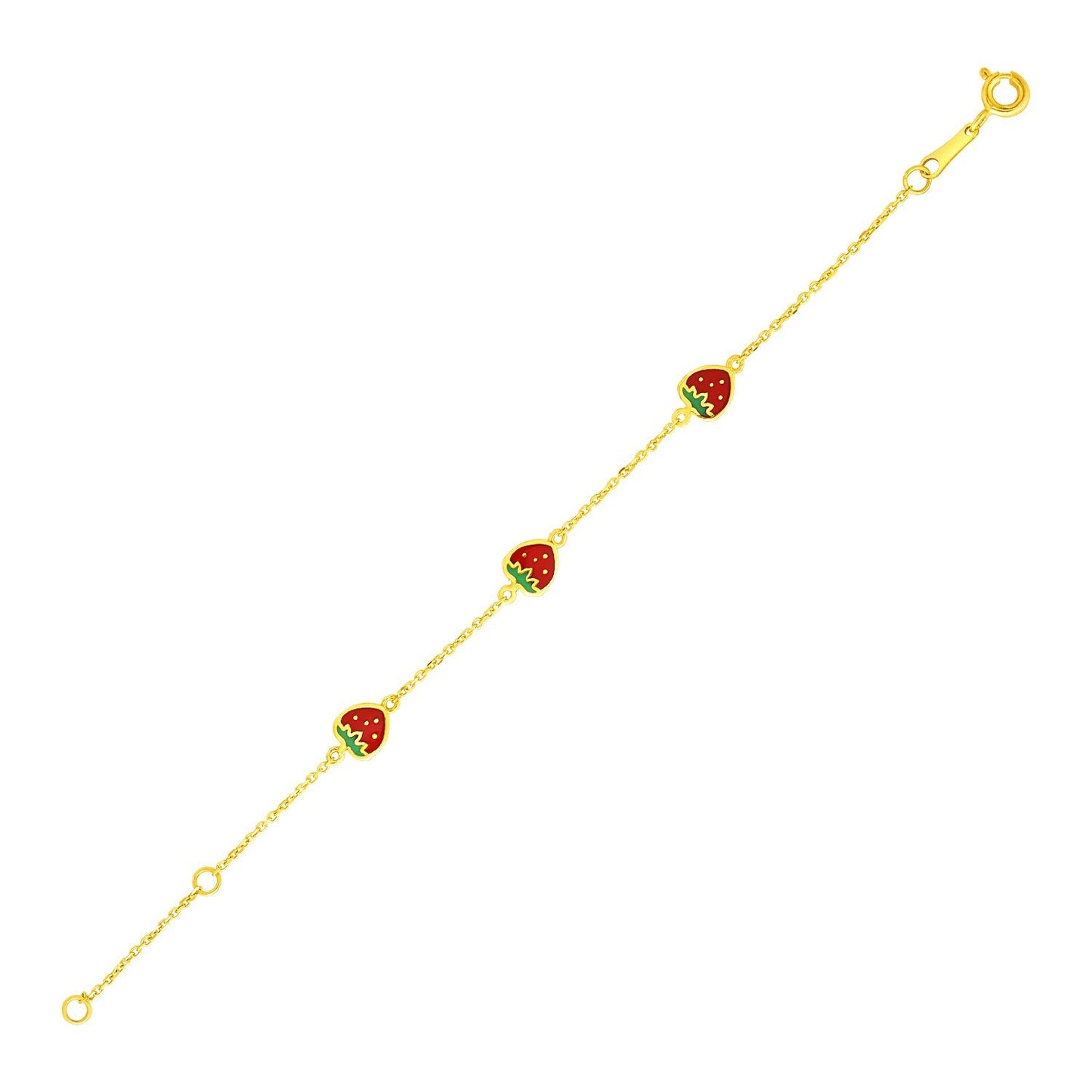 Size: 5.5'' - 14k Yellow Gold 5 1/2 inch Childrens Bracelet with Enameled Strawberries