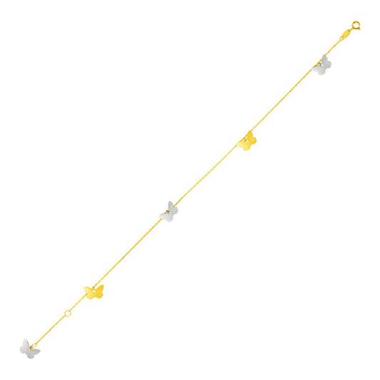 Size: 10'' - 14k Two Tone Gold Anklet with Butterflies