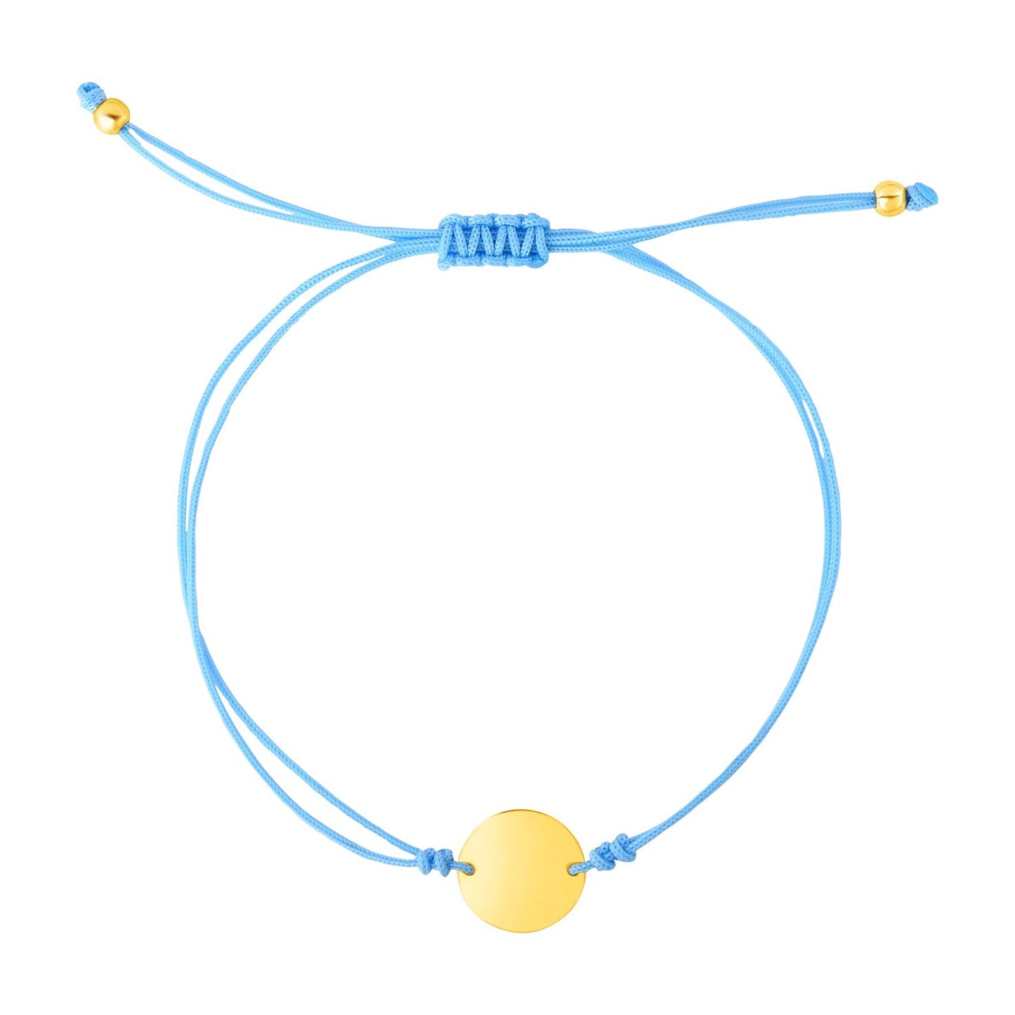 Size: 9.25'' - 9 1/4 inch Blue Cord Adjustable Bracelet with 14k Yellow Gold Circle