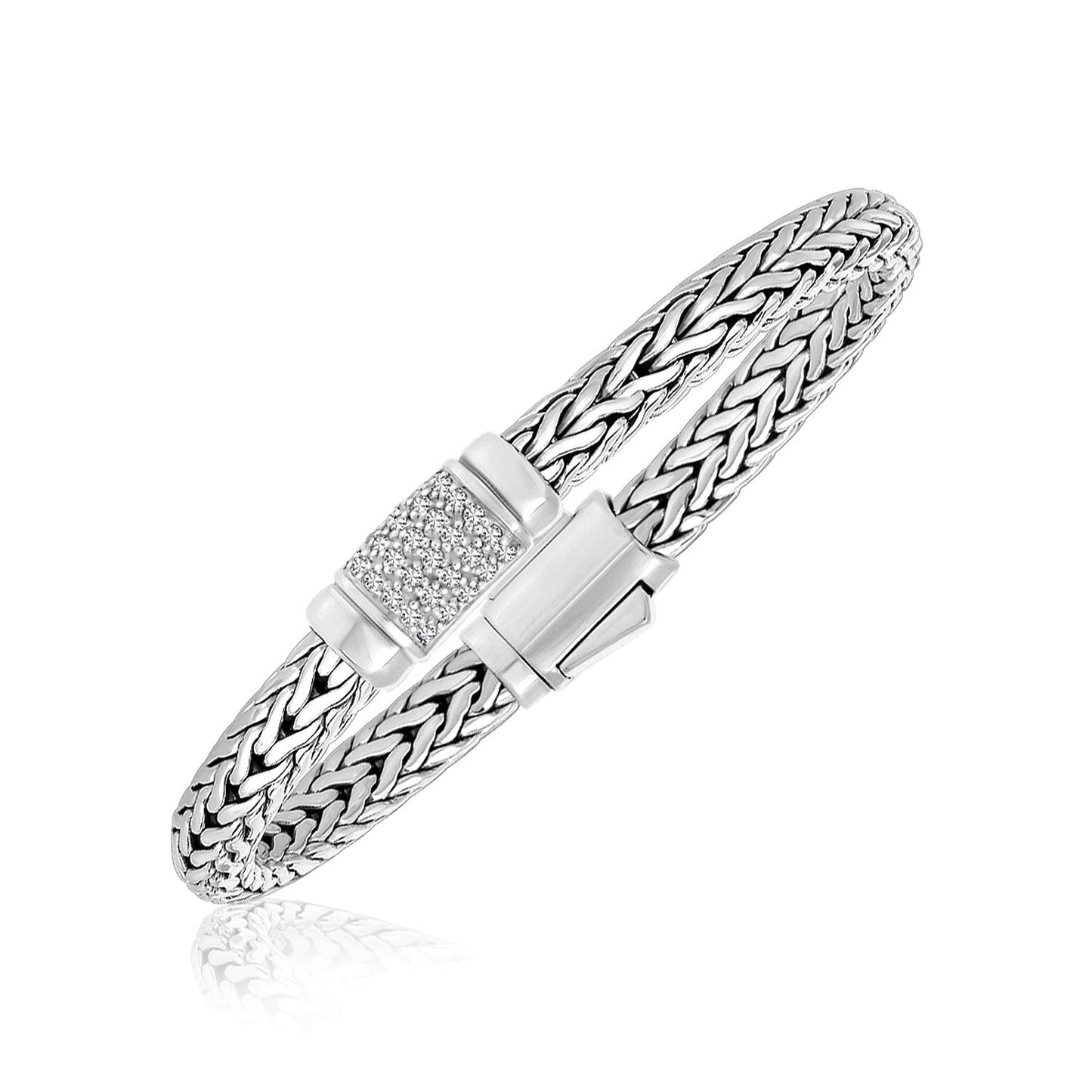 Size: 7.5'' - Sterling Silver Weave Motif Bracelet with White Sapphire Accents