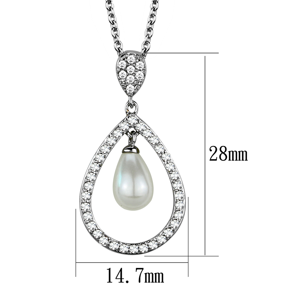 3W1031 - Rhodium Brass Chain Pendant with Synthetic Pearl in White