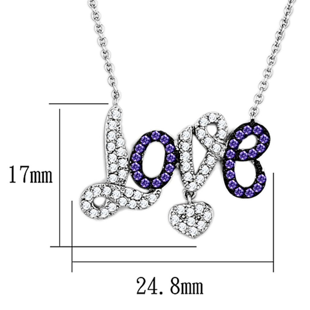 3W414 - Rhodium + Ruthenium Brass Necklace with AAA Grade CZ  in Amethyst