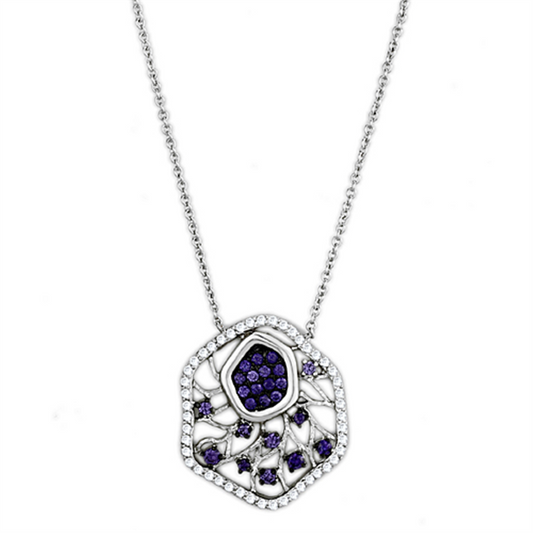 3W438 - Rhodium + Ruthenium Brass Necklace with AAA Grade CZ  in Amethyst