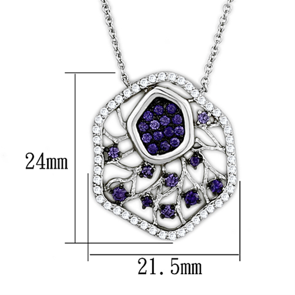 3W438 - Rhodium + Ruthenium Brass Necklace with AAA Grade CZ  in Amethyst