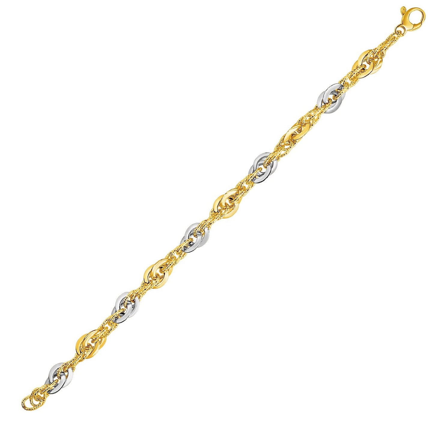 Size: 7.5'' - 14k Two-Tone Yellow and White Gold Double Link Textured Bracelet