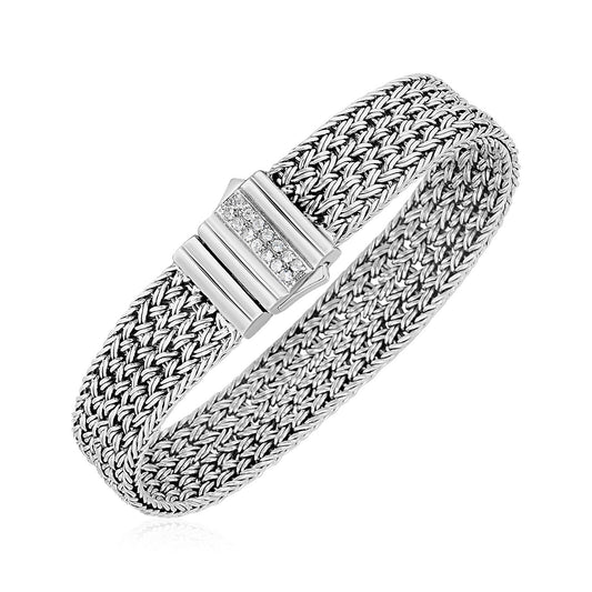 Size: 7.25'' - Woven Rope Bracelet with White Sapphire Accented Clasp in Sterling Silver