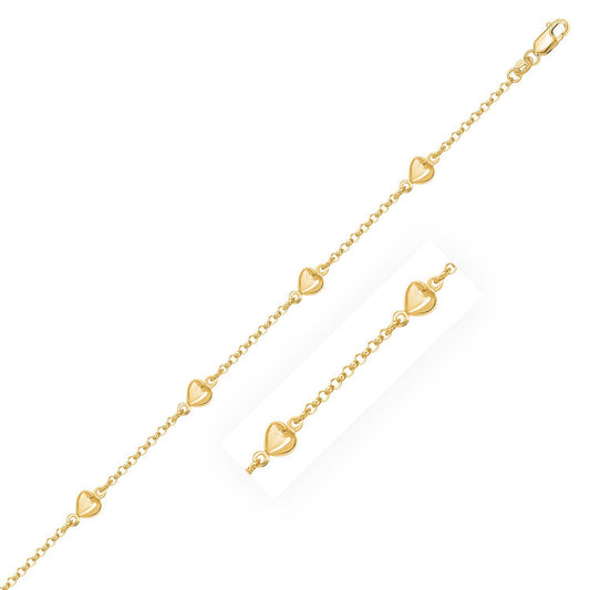 Size: 6'' - 14k Yellow Gold Rolo Chain Bracelet with Puffed Heart Stations