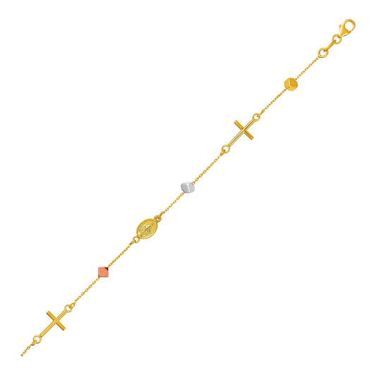 Size: 7.5'' - 14k Tri Color Gold Bracelet with Crosses Cubes and Medallions