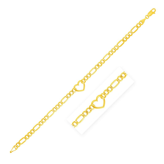 Size: 7'' - 14k Yellow Gold 7 inch Figaro Chain Bracelet with Heart