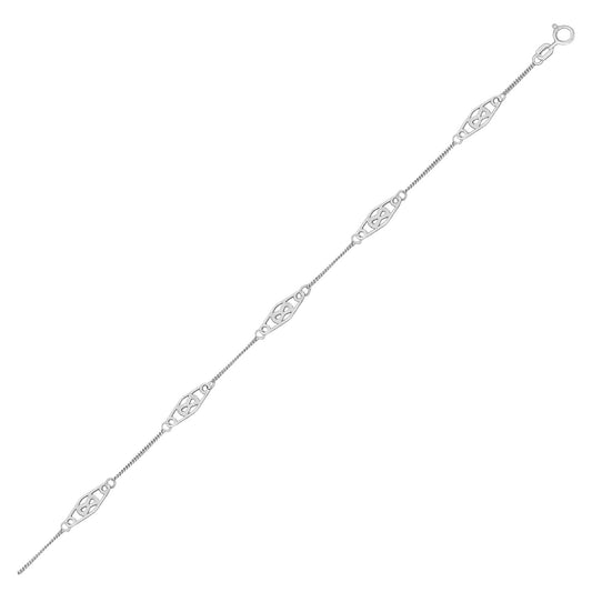 Size: 10'' - 14k White Gold Anklet with Fancy Diamond Shape Filigree Stations