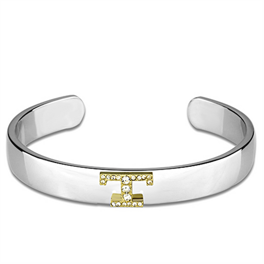 LO3630 - Reverse Two-Tone White Metal Bangle with Top Grade Crystal  in Clear