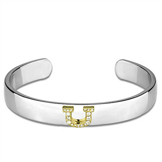 LO3631 - Reverse Two-Tone White Metal Bangle with Top Grade Crystal  in Clear