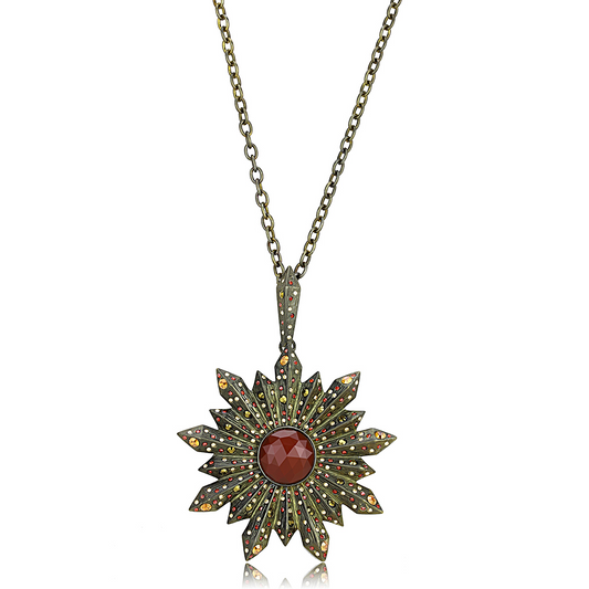 LO4219 - Antique Copper Brass Necklace with Synthetic Onyx in Red Series