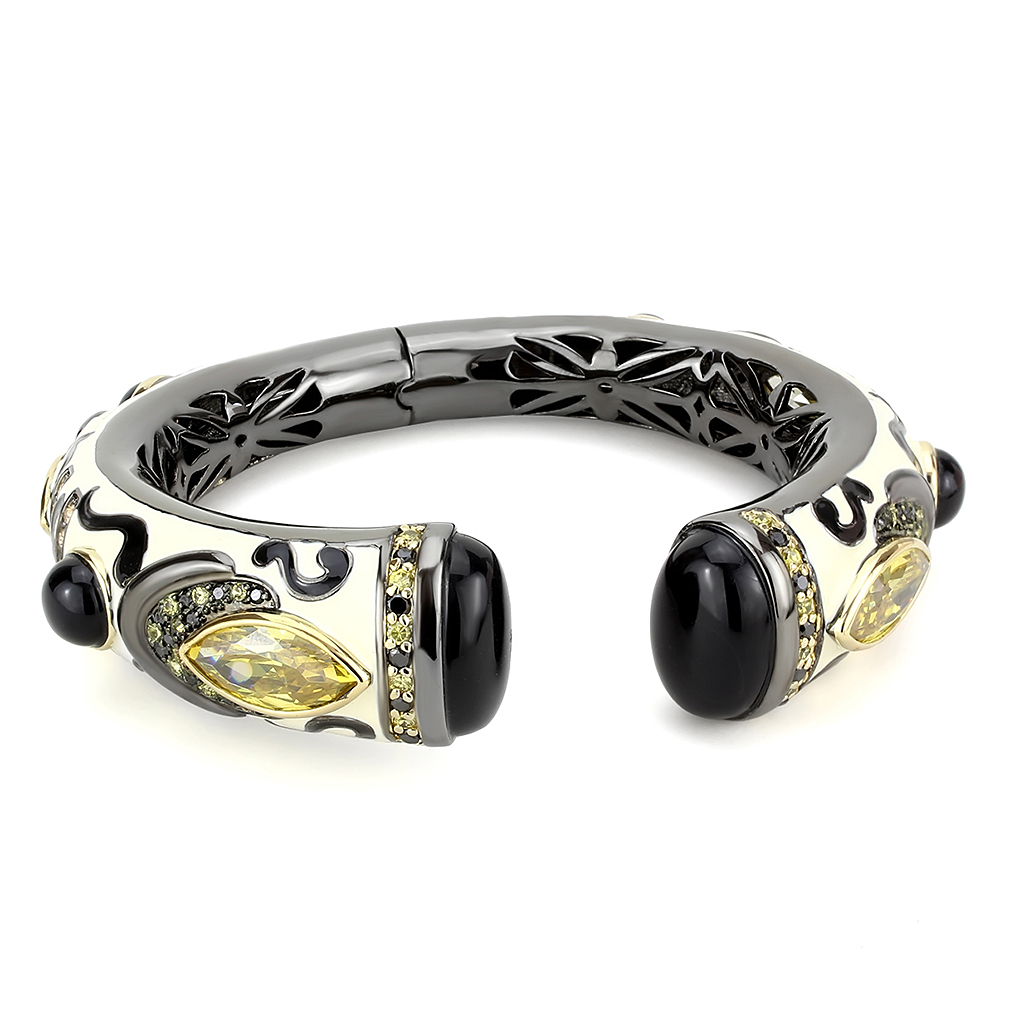 LO4298 - Gold+Hematite Brass Bangle with Synthetic Onyx in Jet