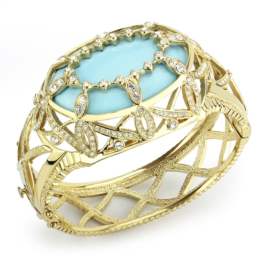 LO4348 - Gold Brass Bangle with Synthetic  in Sea Blue