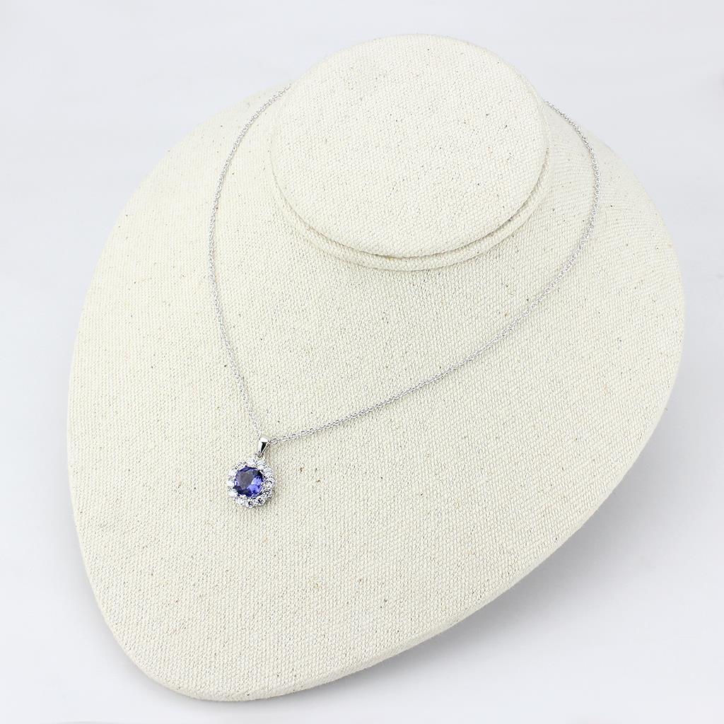 LO4697 - Rhodium Brass Chain Pendant with Synthetic Synthetic Glass in Tanzanite