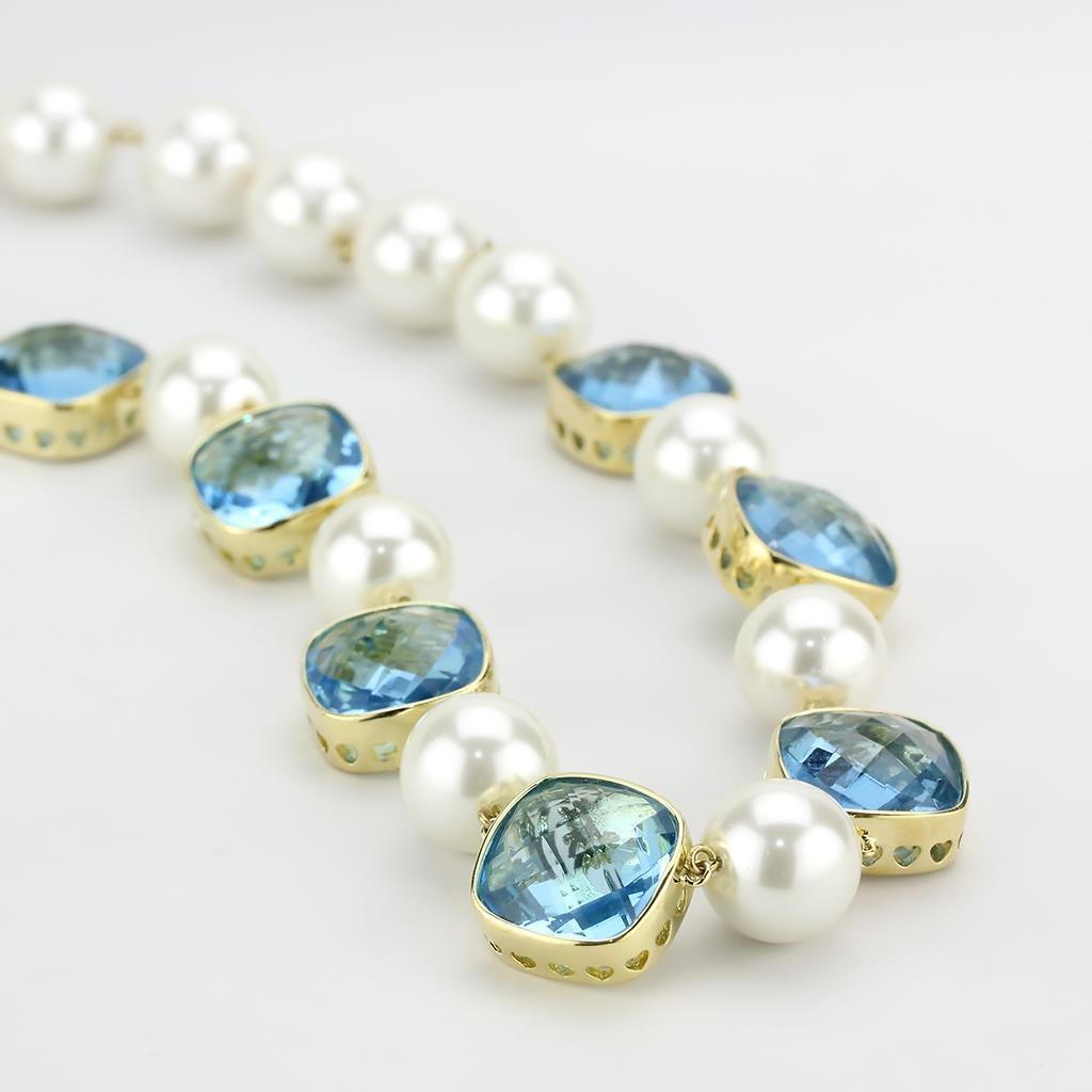 LO4706 - Gold Brass Necklace with Synthetic Synthetic Glass in Sea Blue