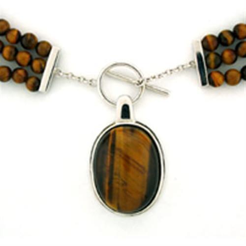 LOA278 - Rhodium 925 Sterling Silver Necklace with Semi-Precious Tiger Eye in Smoked Quartz