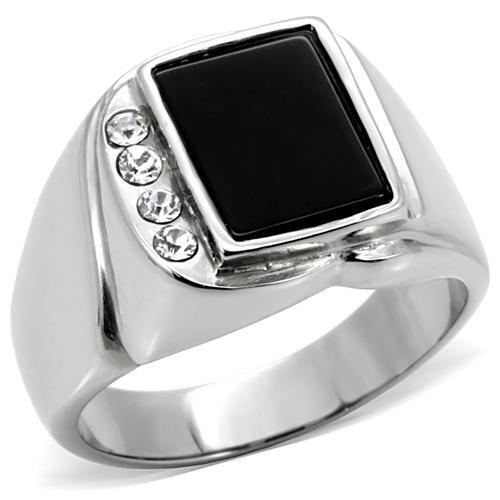 TK02225 - High polished (no plating) Stainless Steel Ring with Semi-Precious Agate in Jet