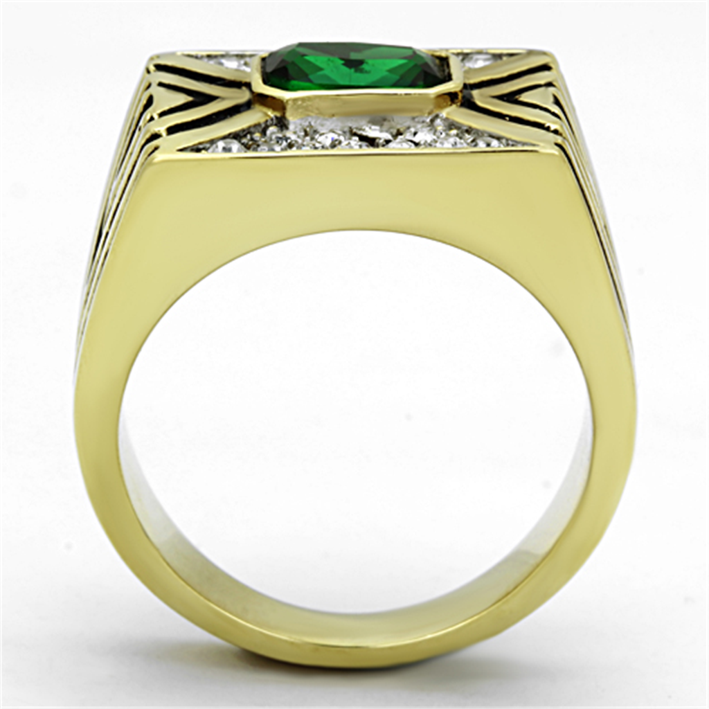 TK1195 - Two-Tone IP Gold (Ion Plating) Stainless Steel Ring with Synthetic Synthetic Glass in Emerald