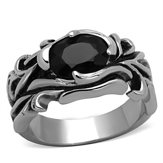 TK1355 - High polished (no plating) Stainless Steel Ring with Synthetic Synthetic Glass in Jet