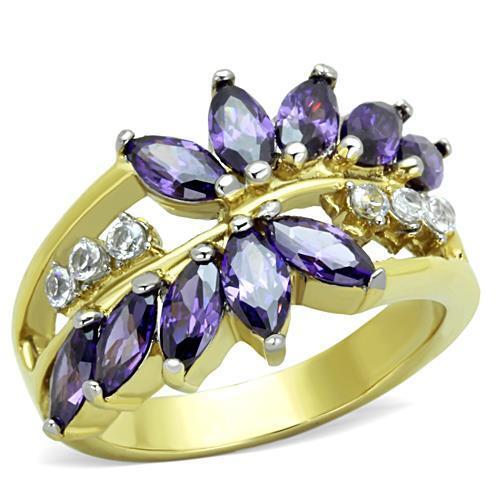 TK1568 - Two-Tone IP Gold (Ion Plating) Stainless Steel Ring with AAA Grade CZ  in Amethyst