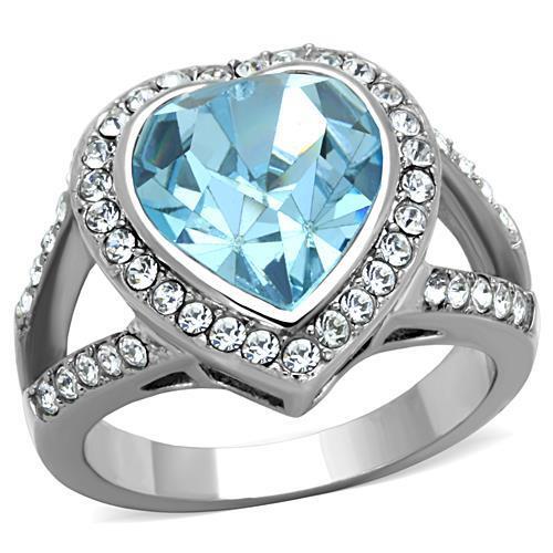 TK1582 - High polished (no plating) Stainless Steel Ring with Top Grade Crystal  in Sea Blue