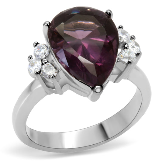 TK167 - High polished (no plating) Stainless Steel Ring with Synthetic Synthetic Glass in Amethyst