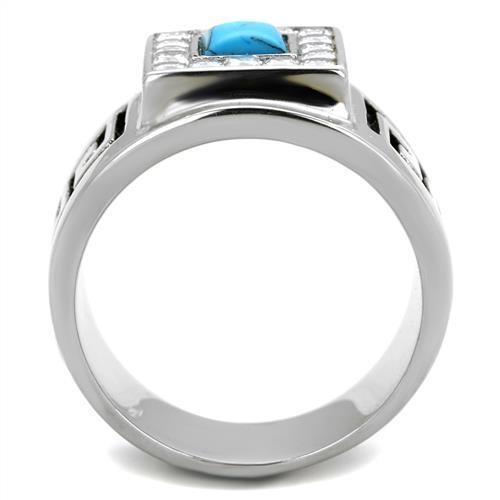 TK2053 - High polished (no plating) Stainless Steel Ring with Synthetic Turquoise in Sea Blue