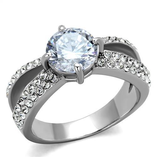 TK2165 - High polished (no plating) Stainless Steel Ring with AAA Grade CZ  in Clear