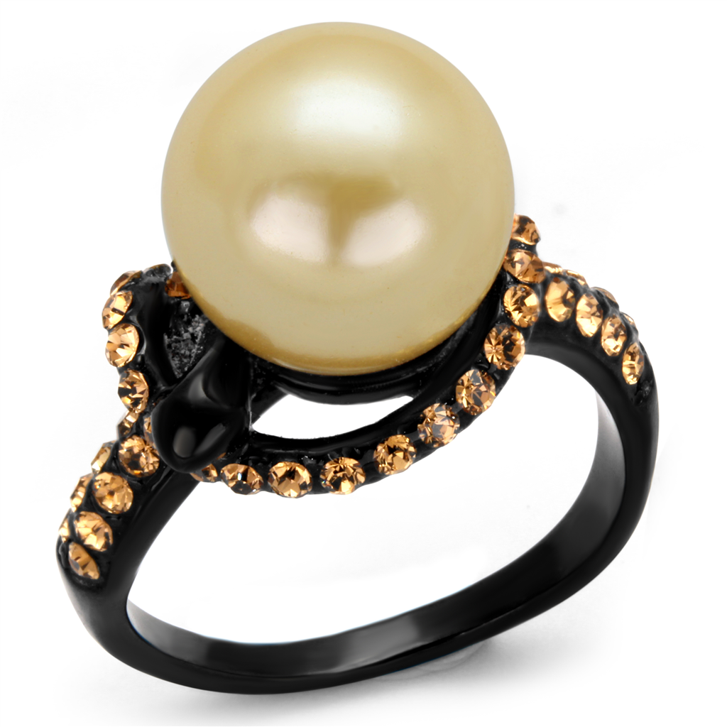 TK2349 - IP Black(Ion Plating) Stainless Steel Ring with Synthetic Pearl in Topaz