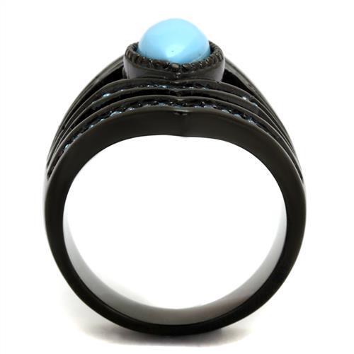 TK2482 - IP Black(Ion Plating) Stainless Steel Ring with Synthetic Turquoise in Sea Blue