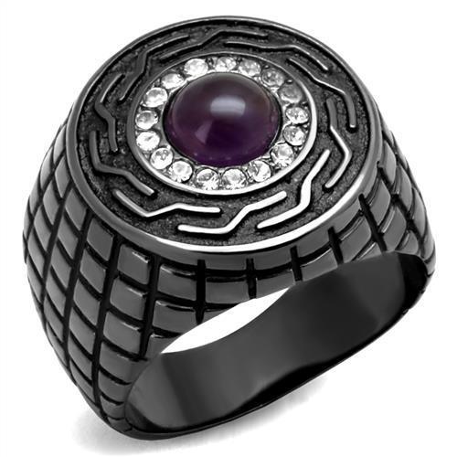 TK2813 - IP Light Black  (IP Gun) Stainless Steel Ring with Semi-Precious Amethyst Crystal in Amethyst