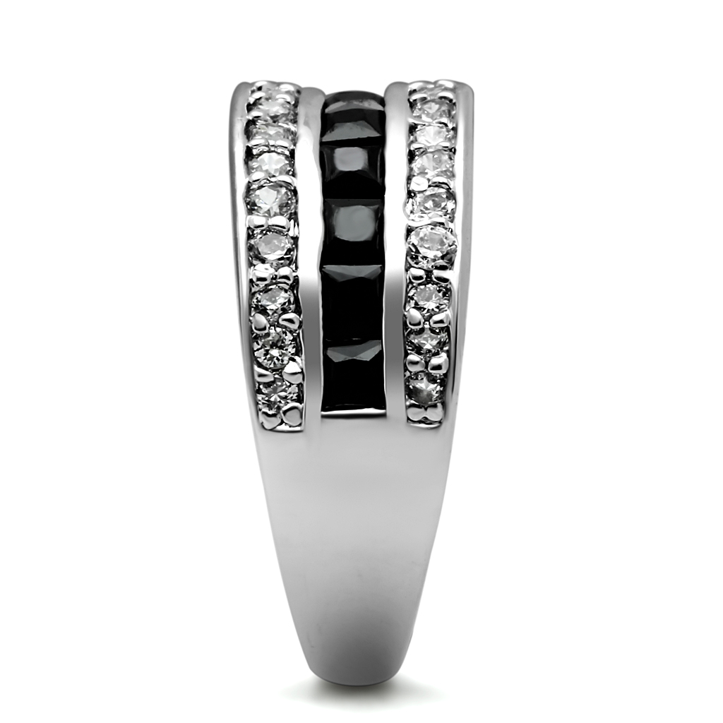 TK2872 - High polished (no plating) Stainless Steel Ring with AAA Grade CZ  in Black Diamond