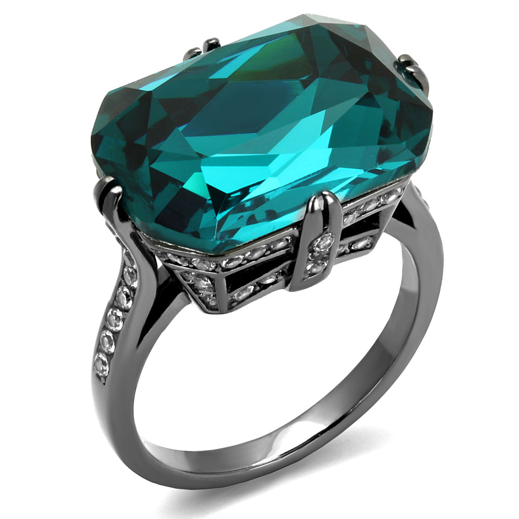 TK2998 - IP Light Black  (IP Gun) Stainless Steel Ring with Top Grade Crystal  in Blue Zircon