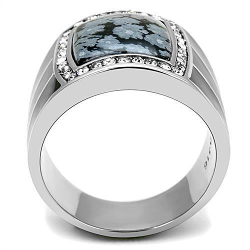 TK3042 - High polished (no plating) Stainless Steel Ring with Semi-Precious Snowflake Obsidian in Jet