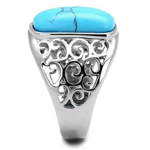 TK3043 - High polished (no plating) Stainless Steel Ring with Synthetic Turquoise in Sea Blue