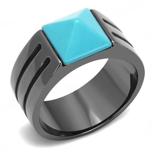 TK3074 - IP Light Black  (IP Gun) Stainless Steel Ring with Synthetic Turquoise in Sea Blue