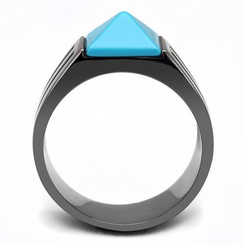 TK3074 - IP Light Black  (IP Gun) Stainless Steel Ring with Synthetic Turquoise in Sea Blue