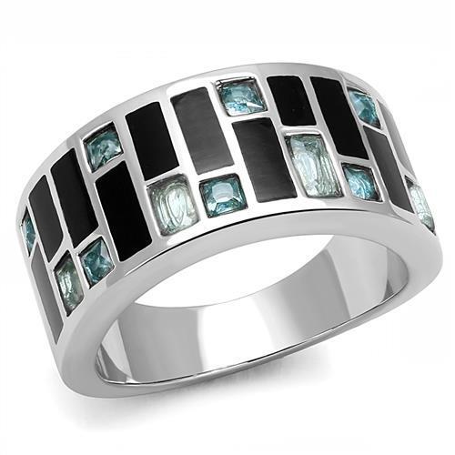 TK3175 - High polished (no plating) Stainless Steel Ring with Synthetic Synthetic Glass in Sea Blue