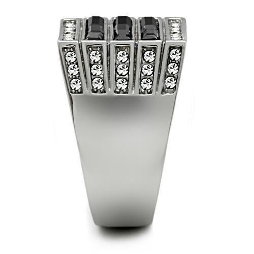 TK321 - High polished (no plating) Stainless Steel Ring with Top Grade Crystal  in Jet