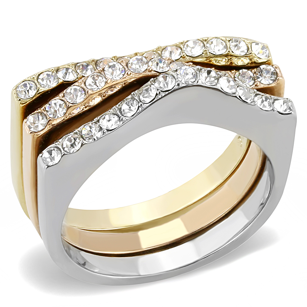 TK3234 - Three Tone IP?IP Gold & IP Rose Gold & High Polished) Stainless Steel Ring with Top Grade Crystal  in Clear